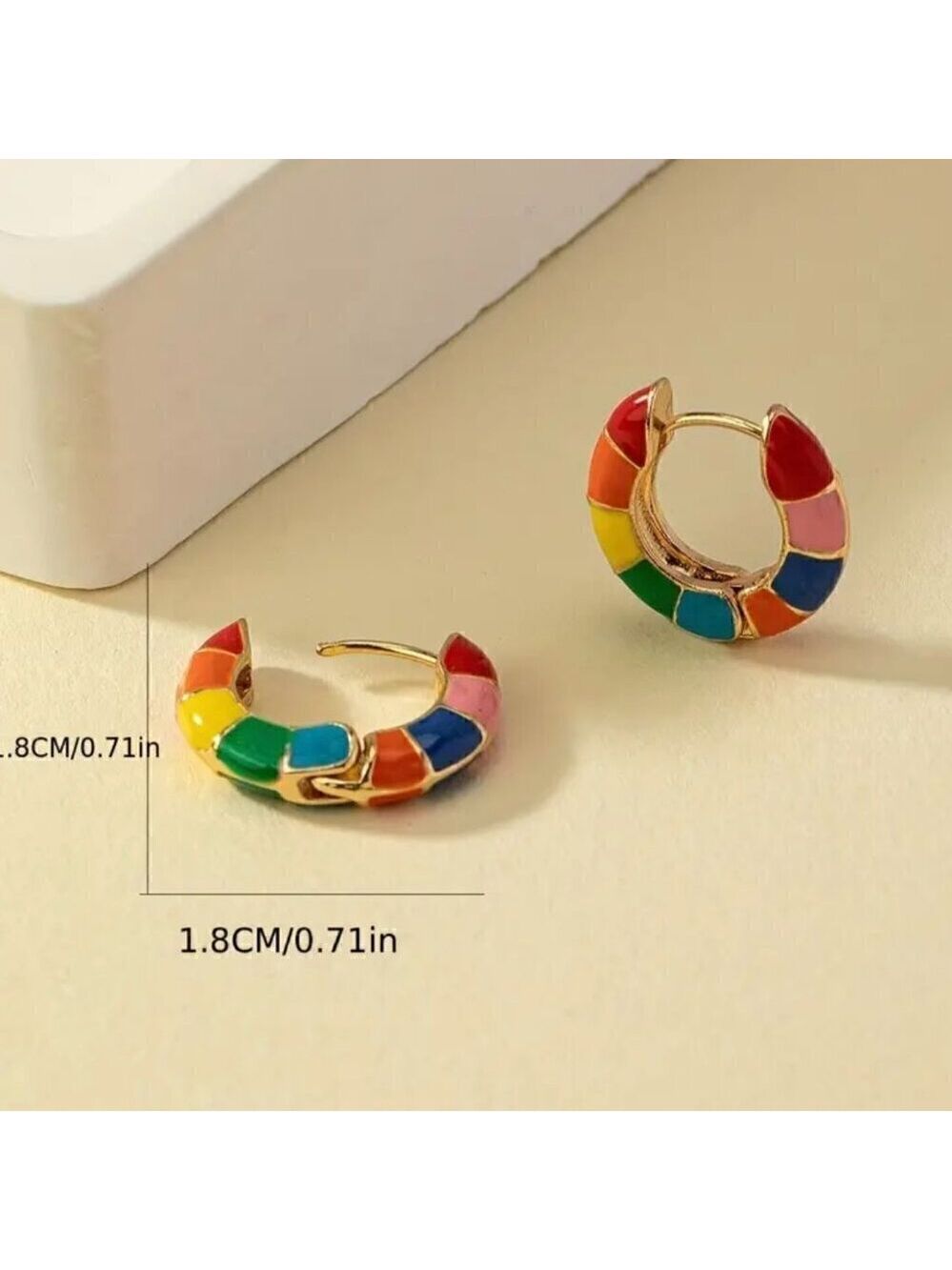 Rainbow Multi-color Enamel Huggie Earrings Medium Hoop #1343 - Picture 5 of 7